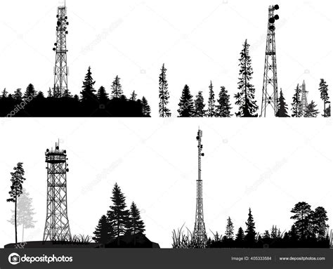 Illustration Antenna Tower Silhouettes Black Forest Isolated White