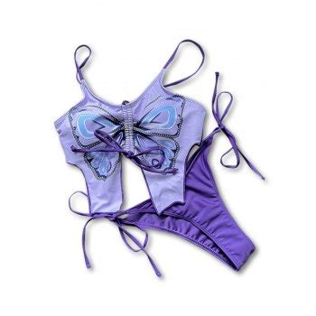 Emmiol Free Shipping Lace Up Butterfly Bikini Set Purple M In