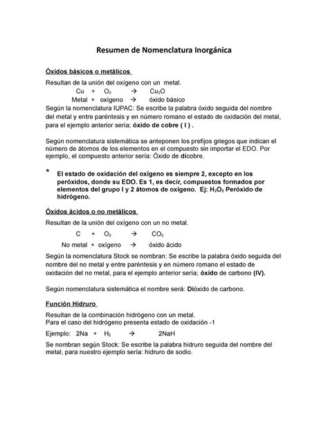 Resumen N Inorg Nica Resumen De Nomenclatura Inorg Nica Xidos