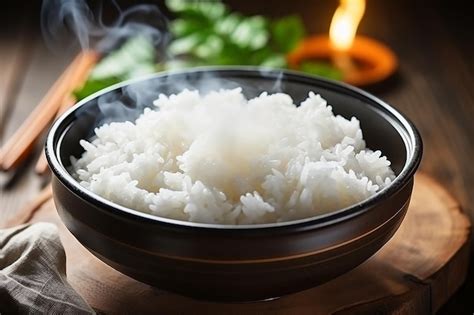 Premium Ai Image Serenity In A Bowl Steamed White Rice On Wood Table