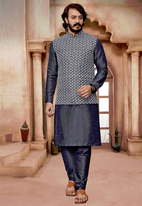 Grey Art Silk Kurta Pajama With Jacket 232018