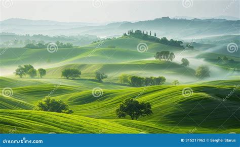 A View Of A Green Landscape With Rolling Hills And Trees Ai Stock