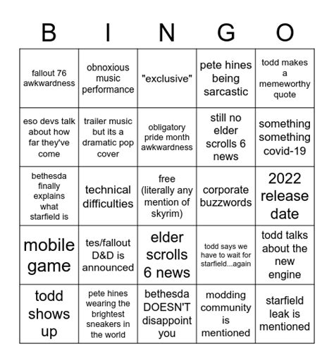 Bethesda E3 2021 Bingo Card