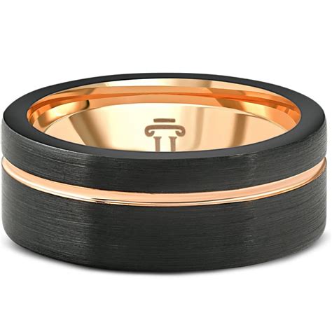 Pompeii Mens Brushed Black Tungsten Rose Gold Plated Two Tone 8mm Ring Wedding Band