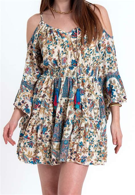 Vestido Boho Blanco Y Azul Hombros Descubiertos Montsaint