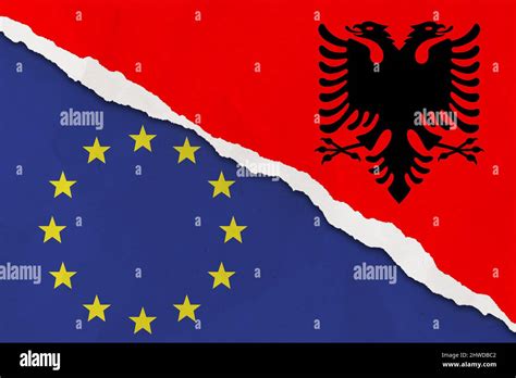 Albania and European Union flag ripped paper grunge background. The concept of relationship ...