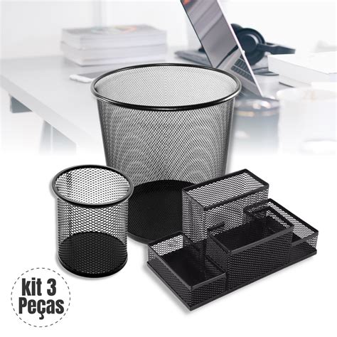 Kit Organizador De Escrit Rio Preto Porta Treco Caneta Lixo Escorrega