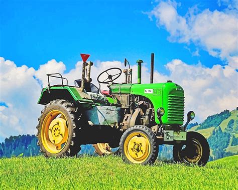 Green Tractor in Field - Paint By Number - Num Paint Kit