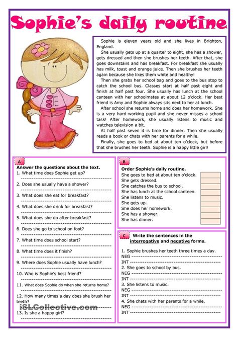 Sophies Daily Routine Reading Comprehension Reading Worksheets