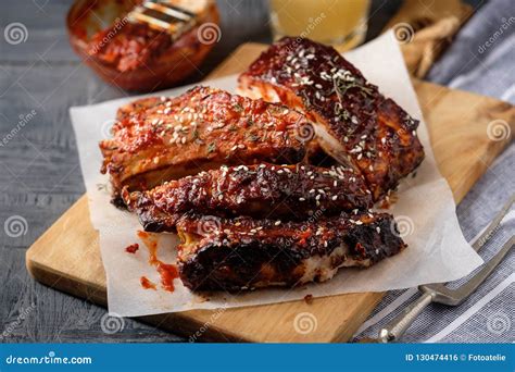 Smoked Roasted Pork Ribs Barbeque Spicy Ribs Traditional American Bbq