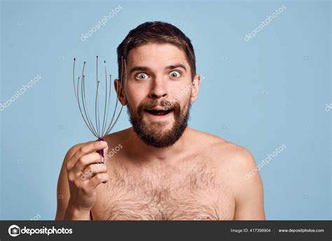 Man With Naked Shoulders Head Massager Healthy Lifestyle Blue Background Stock Photo By