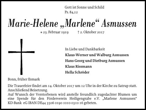 Traueranzeigen Von Marie Helene Marlene Asmussen Sh Z Trauer