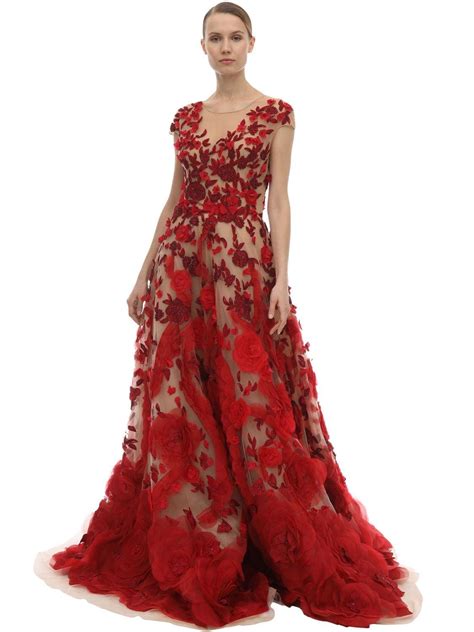 Marchesa Embellished Tulle And Silk Organza Dress In Red Lyst