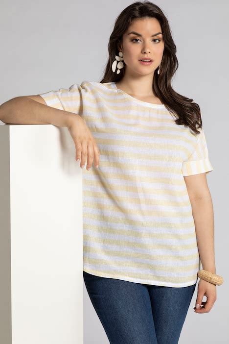 Stripe Round Neck Short Sleeve Linen Blend Shirt All Blouses Blouses