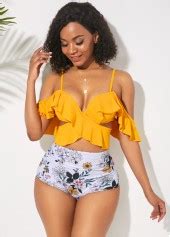 High Waist Ruffle Overlay Spaghetti Strap Bikini Set Rosewe USD 39 98