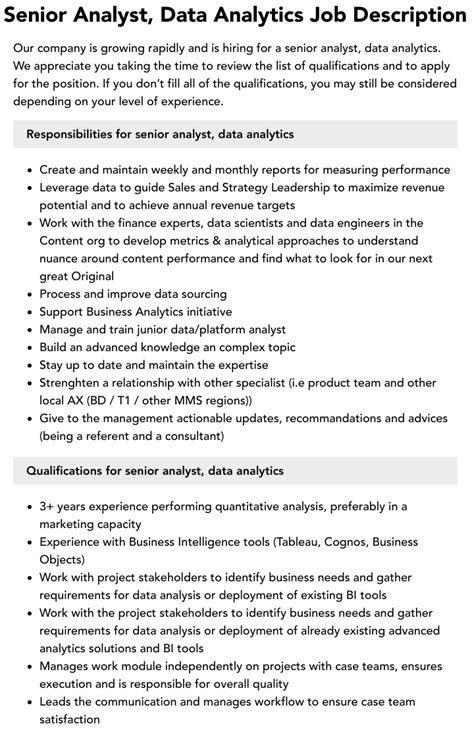 Senior Analyst Data Analytics Job Description Velvet Jobs