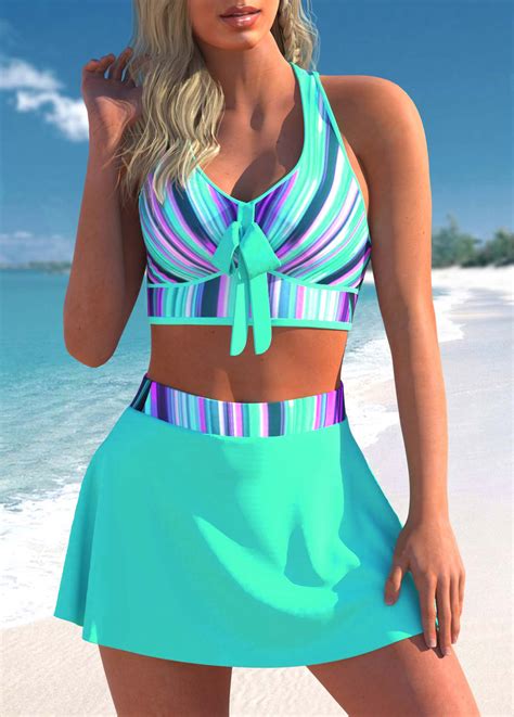 Cyan High Waist Striped Cross Strap Bikini Set Rosewe Usd