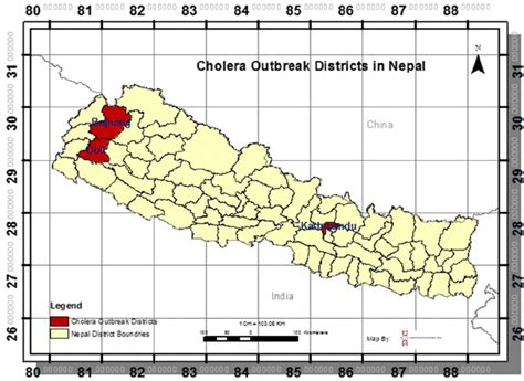 Map of Nepal showing the cholera affected three districts: Doti ...