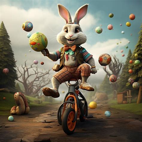 Premium Photo Bunny Riding A Unicycle While Juggling Easter Eggs