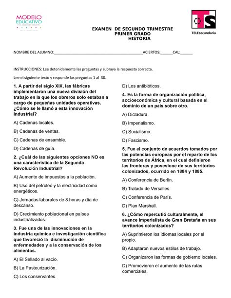 Examen De Historia Examen De Segundo Trimestre Primer Grado Historia