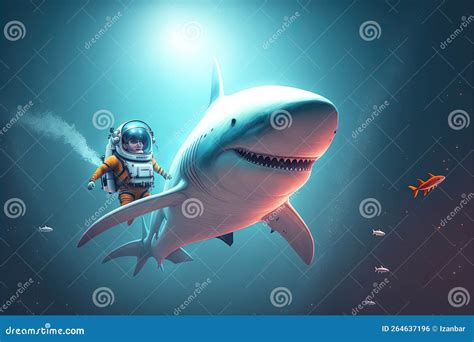 Shark As Astronaut Spaceship In Space Illustration Generative Ai Stock