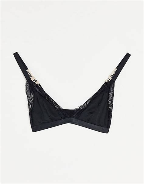 We Are We Wear Fuller Bust Microfibre Lace Trim Triangle Bralette With Logo Detail In Black