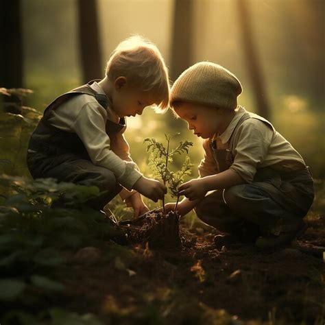 Niños plantando árboles en el bosque Foto Premium