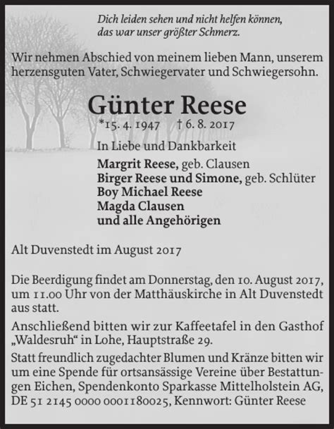 Traueranzeigen von Günter Reese sh z Trauer