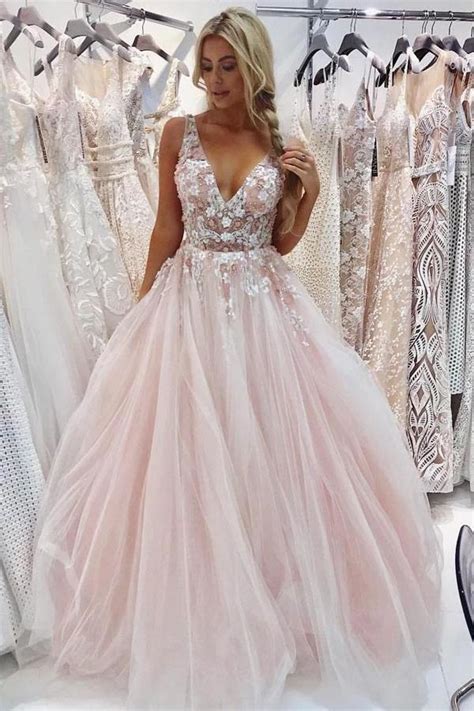 Light Pink V Neck Sleeveless Tulle Prom Dress With Flowers And Beads N