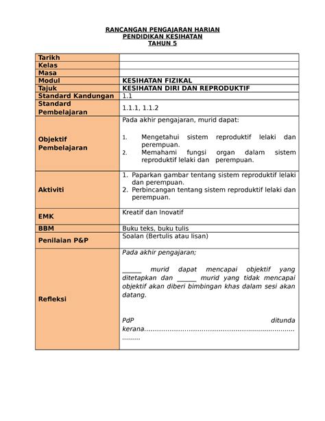 1 Rancangan Pengajaran Rancangan Pengajaran Harian Pendidikan