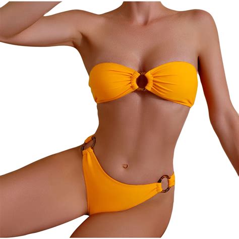 WREESH Womens Two Piece Swimsuit Bandeau Bikini Sets High Cut Bikini Solid New Fashion Split