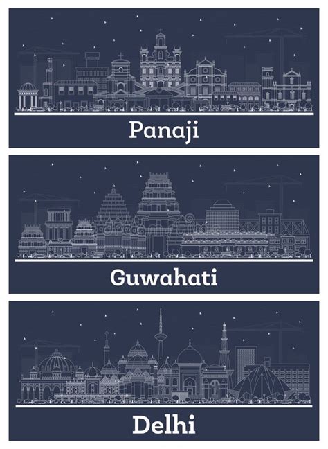 Outline Guwahati Delhi And Panaji India City Skyline Set With White