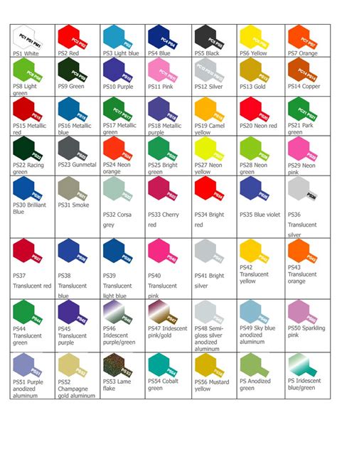 Tamiya PS Color Chart