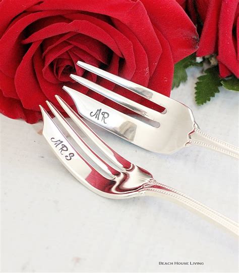 Wedding Cake Forks Hand Stamped Mr And Mrs Forks Wedding