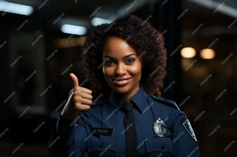 Premium Photo Smiling Female Police Officer In Uniform Giving A Thumbsup Sign Symbolizing