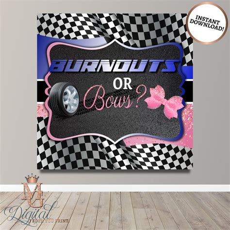 Burnouts Or Bows Gender Reveal Backdrop Instant Download Party Backdrop