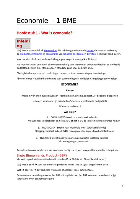 Samenvatting Economie 1e Jaar Economie 1 BME Hoofdstuk 1 Wat Is