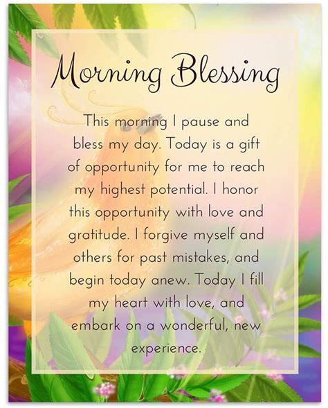 a card with the words morning blessing written in front of it and flowers around it