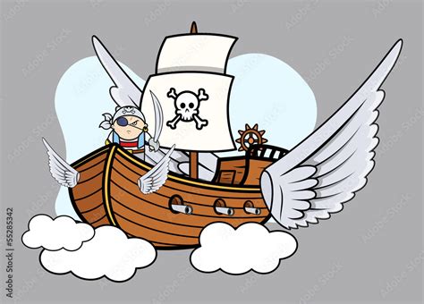 Flying Pirate Ship - Vector Cartoon Illustration Stock Vector | Adobe Stock