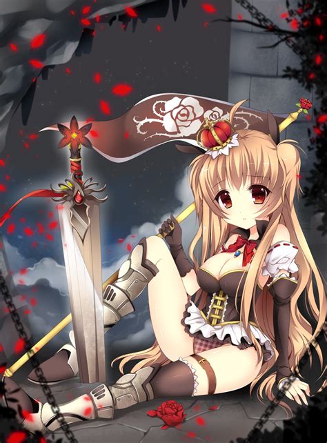 Wallpaper Illustration Long Hair Anime Girls Weapon Armor Red