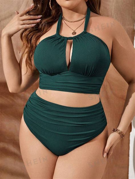 Shein Swim Curve Talla Grande Ba Ador Bikini Halter Fruncido Moda De