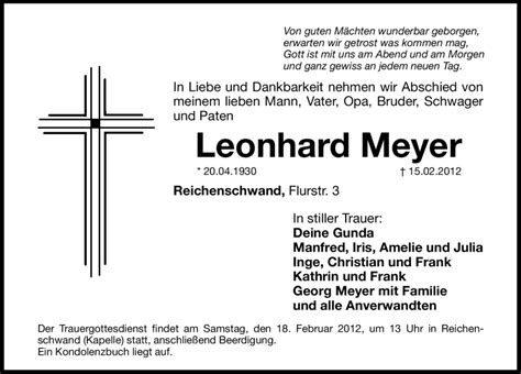 Traueranzeigen Von Leonhard Meyer Gemeinsamtrauern N Land