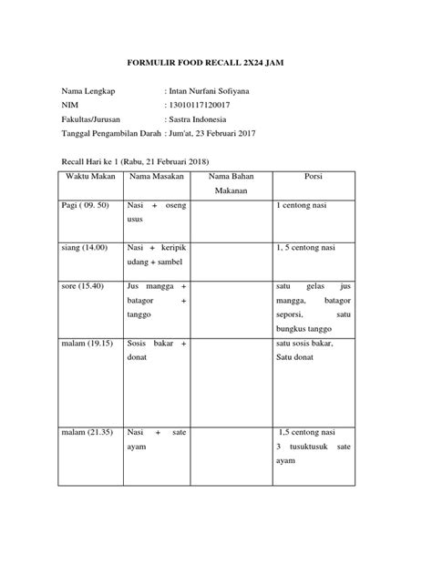 Formulir Food Recall 2x24 Jam2 Pdf