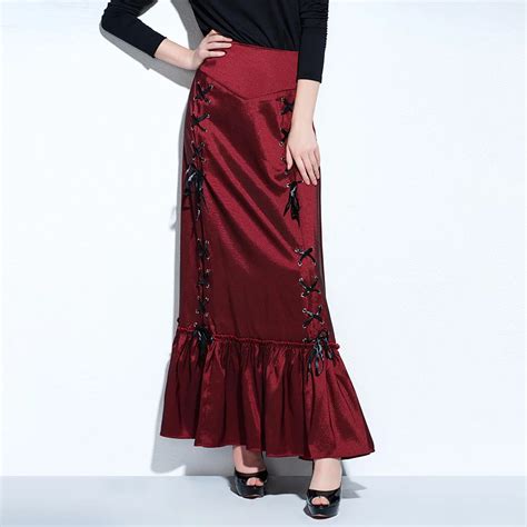 Women Gothic Maxi Skirts Mermaid Elegant Black Long Skirt Burgundy Goth