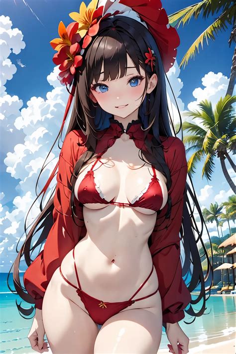 A Woman In A Red Bikini And Red Jacket Standing On A Beach Seaart Ai