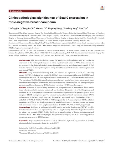 PDF Clinicopathological Significance Of Sox10 Expression In Triple