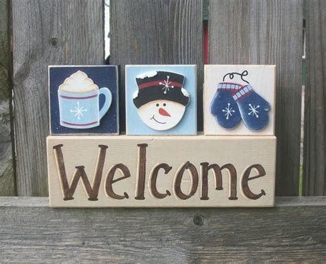 Welcome Sign Winter Wood Block Interchangeable Shelf Sitter