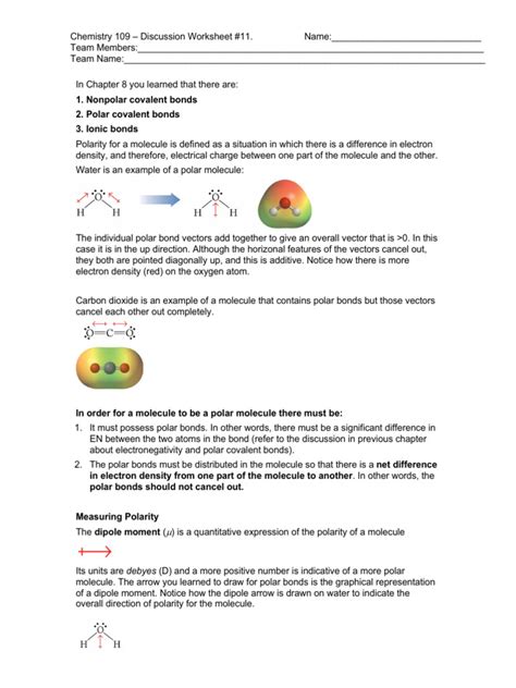 Discussion Worksheet #11 - Molecular Shapes and Polarity - 093640 | PDF