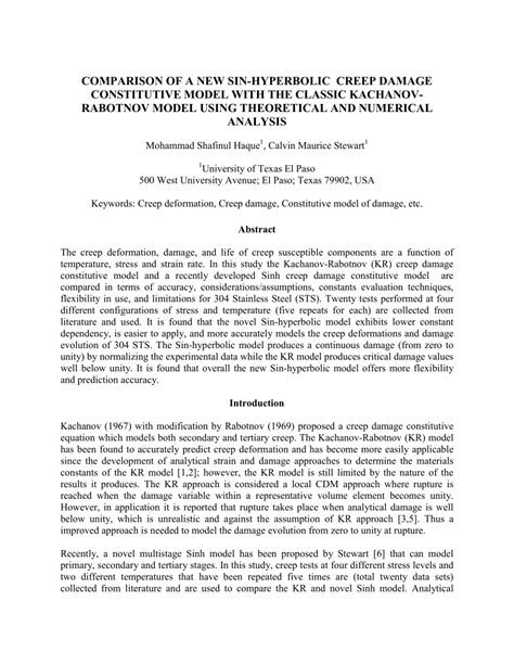 PDF Comparison Of A New Sin Hyperbolic Creep Damage Constitutive