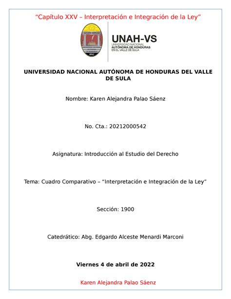 Cuadro Comparativo Cap Tulo Xxv Interpretaci N E Integraci N De La Ley